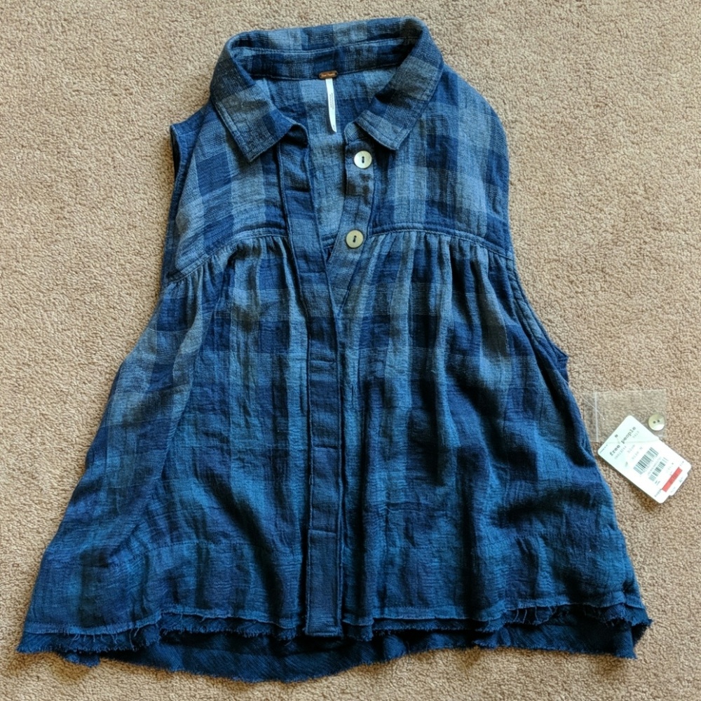 Free People blue plaid summer top